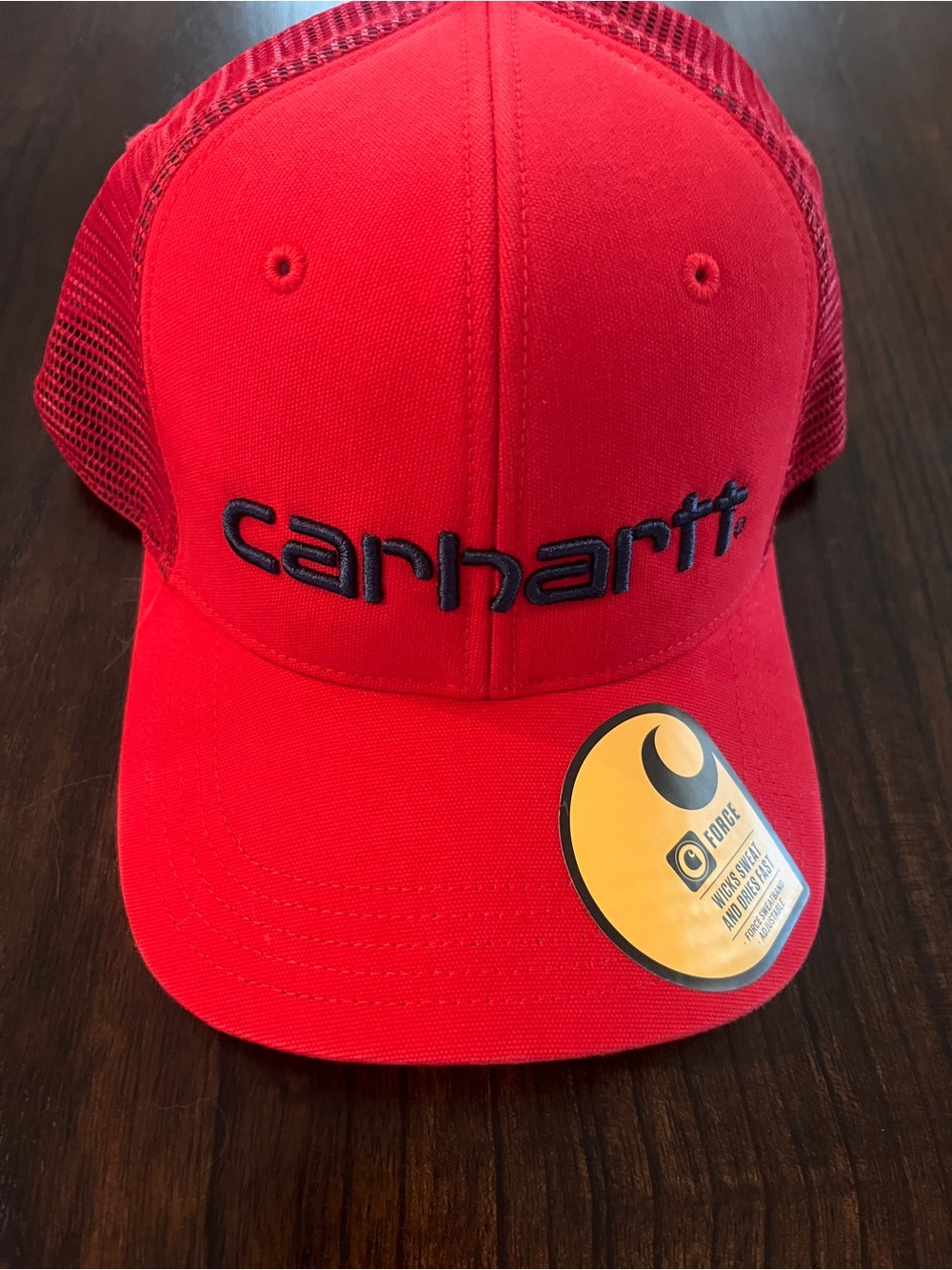Carhartt Bright Red Mesh-Back Trucker Hat with Navy Logo